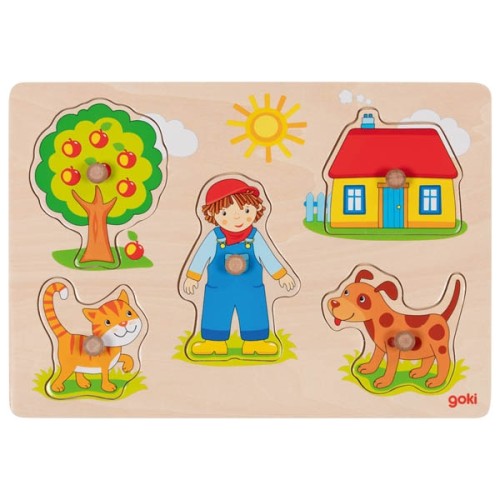 Drewniane puzzle z uchwytami GOKI z kolorową ilustracją zwierząt domowych