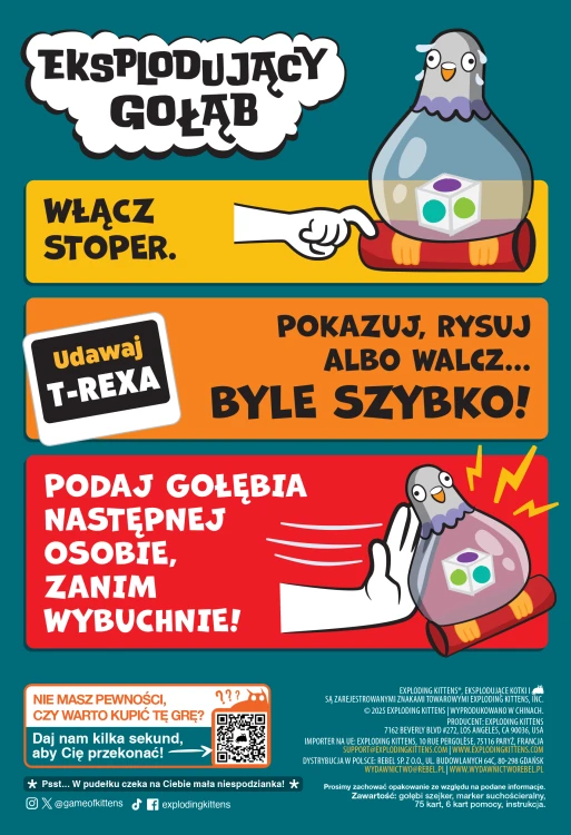 Tył pudełka gry Eksplodujący Gołąb REBEL z informacjami o rozgrywce