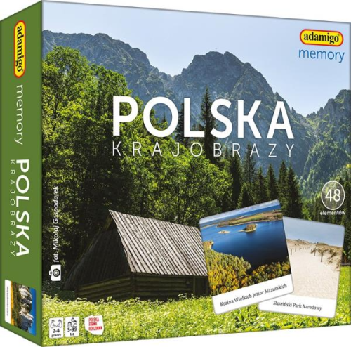 Gra Memory Polska Krajobrazy ADAMIGO z kolorowymi zdjęciami polskich krajobrazów i kafelkami do dopasowywania