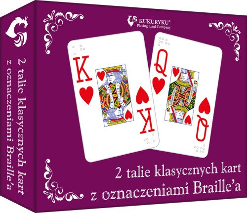 Karty do gry ze znakami Braille’a KUKURYKU, zestaw dwóch talii dla osób niewidomych