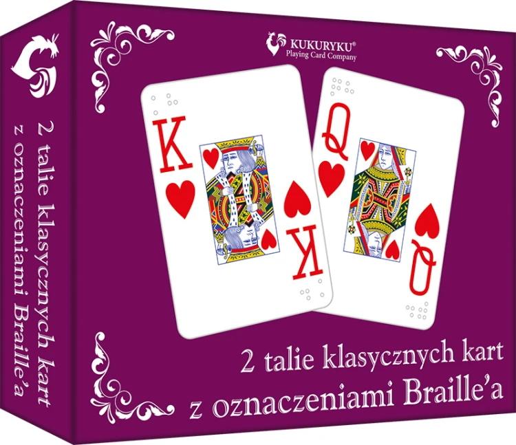 Karty do gry ze znakami Braille’a KUKURYKU, zestaw dwóch talii dla osób niewidomych