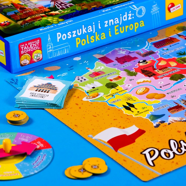 Spinner w grze Poszukaj i znajdź Polska i Europa wskazuje zadania dla graczy