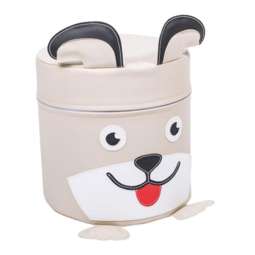 Przód pufy z motywem pieska; widoczne przyszyte uszy i łapki oraz okrągłe siedzisko o średnicy 28 cm