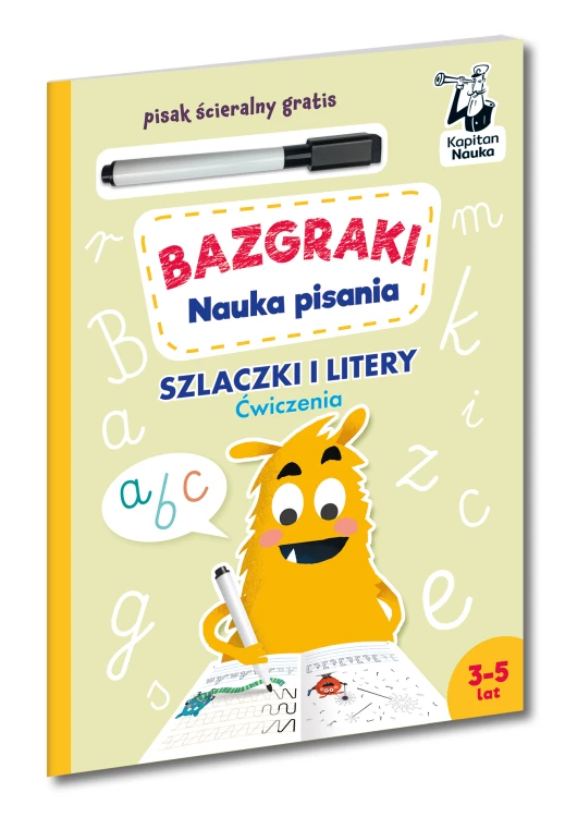 Bazgraki Szlaczki i litery Kapitan Nauka, okładka książki z ćwiczeniami grafomotorycznymi