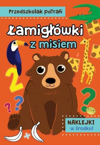 Łamigłówki z misiem AWM – okładka książeczki edukacyjnej z zadaniami i naklejkami dla przedszkolaków