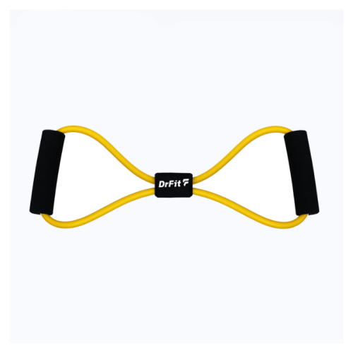 Żółta guma oporowa DrFit 37 cm w kształcie ósemki z piankowymi uchwytami