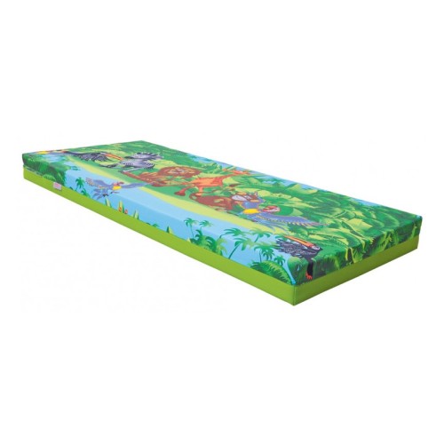 Rozłożony materac 60 x 135 cm pokazany na podłodze, widoczny spód z ekoskóry i górna warstwa z bawełny