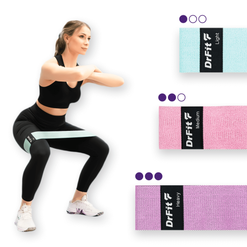 Taśmy oporowe DRFIT pokazujące różne kolory i poziomy oporu w zestawie fitness