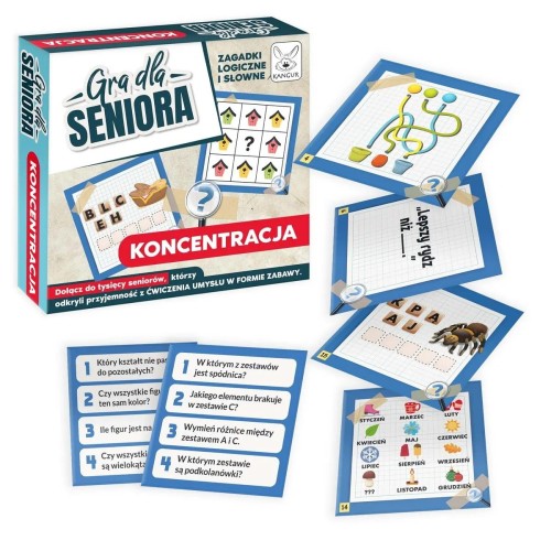 Gra pamięciowa dla seniorów KANGUR Koncentracja z ilustracjami i pytaniami na kartach