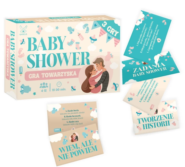 Zestaw Baby Shower KANGUR, trzy gry towarzyskie i 54 karty z zadaniami i hasłami.