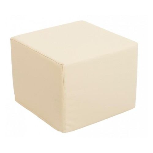 Waniliowa pufa kwadrat 39,5 x 39,5 x 30 cm ustawiona w wnętrzu; widoczny pokrowiec imitujący skórę i kształt siedziska