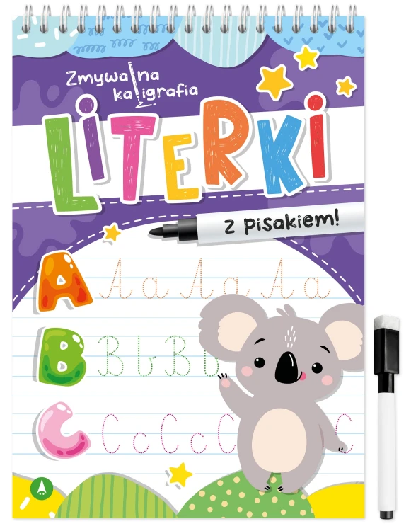 Literki – zmywalna kaligrafia Skrzat, książka do ćwiczenia pisania po śladzie