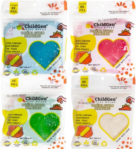 Naturalna ciastolina sensoryczna ChildGen z brokatem w czterech kolorach, w saszetkach uzupełniających