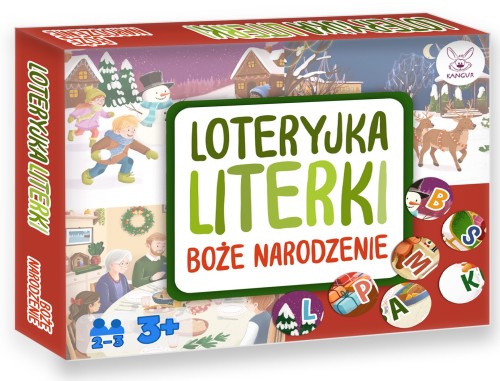 Świąteczna loteryjka literowa KANGUR, plansze z ilustracjami i żetony do nauki alfabetu