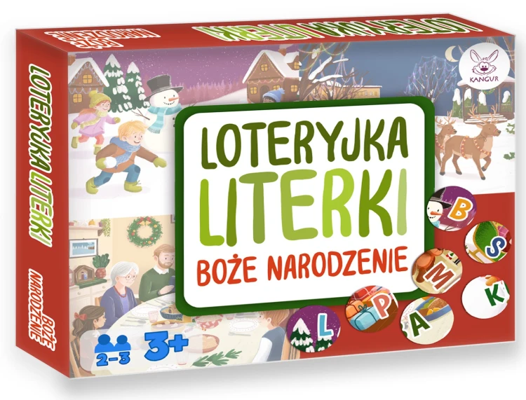 Świąteczna loteryjka literowa KANGUR, plansze z ilustracjami i żetony do nauki alfabetu