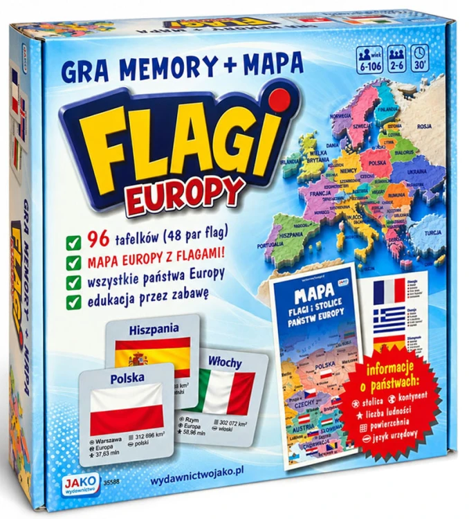 Mapa z gry Memory Flagi Europy JAKO pomaga poznać położenie państw i ich stolice