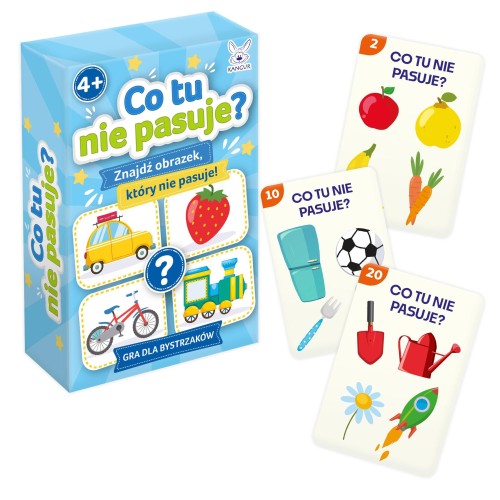 Gra edukacyjna Co tu nie pasuje? Mini KANGUR z zadaniem analizy ilustracji na kartach