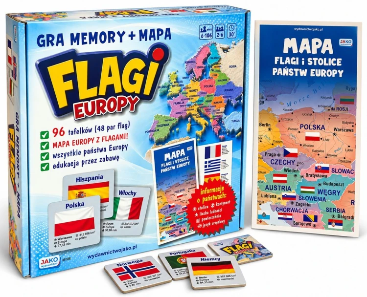 Memory Flagi Europy JAKO – edukacyjna gra z flagami państw Europy i mapą stolic