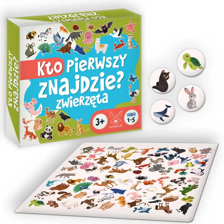 Gra Kto pierwszy znajdzie? Zwierzęta KANGUR – plansza do wyszukiwania obrazków ze zwierzętami