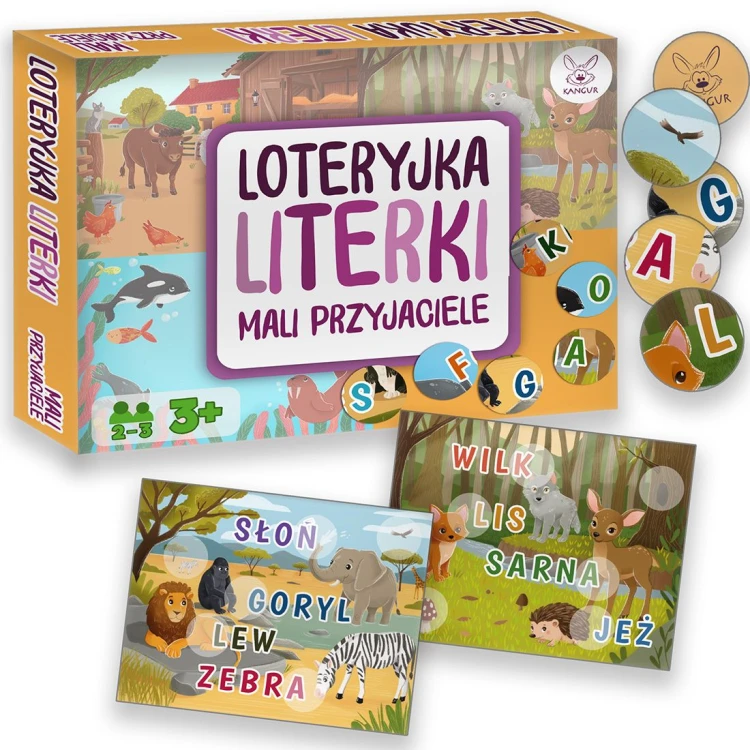 Loteryjka Literki KANGUR – plansze z ilustracjami zwierząt i literami do dopasowania