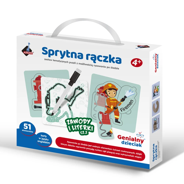 Sprytna Rączka ASKATO – puzzle edukacyjne Zawody i Literki z kartami dwustronnymi i pisakiem suchościeralnym