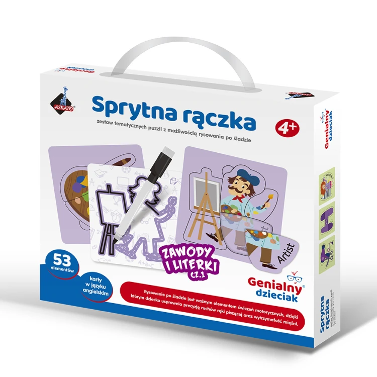 Puzzle edukacyjne Zawody i Literki ASKATO z kartami do rysowania po śladzie i nauki angielskich słówek