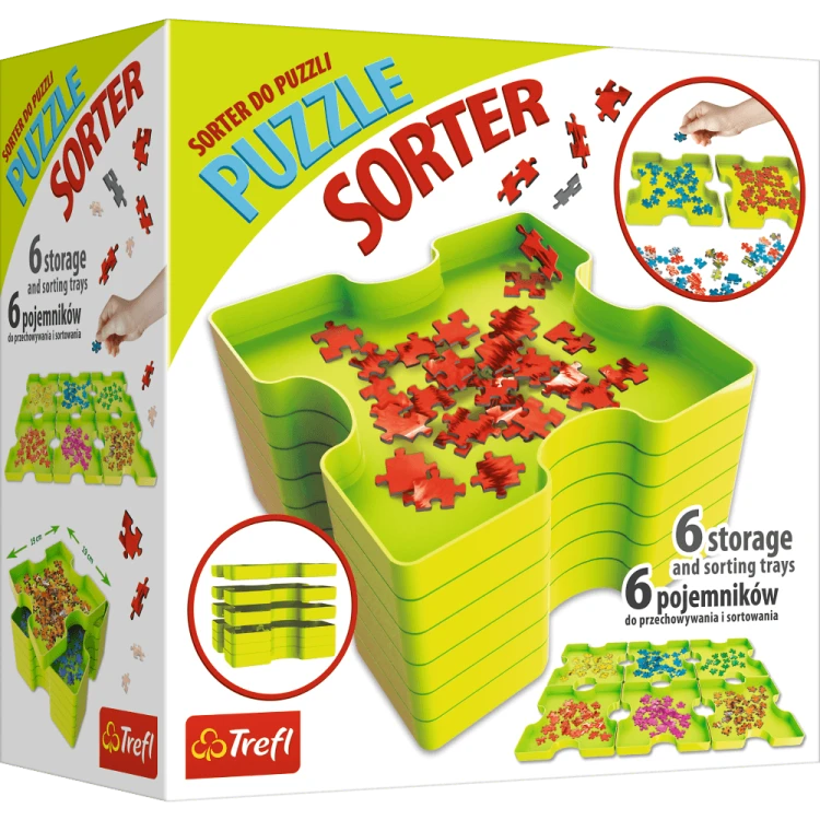 Sześć pojemników Trefl PAP do sortowania i przechowywania puzzli w dopasowanym pudełku