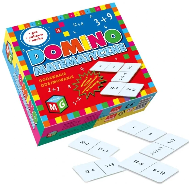 Domino matematyczne MULTIGRA, gra do nauki dodawania i odejmowania z 28 elementami