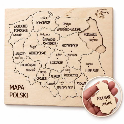 Mapa Polski – drewniana układanka edukacyjna z województwami i stolicami 30 × 30 cm paktoo pl.png
