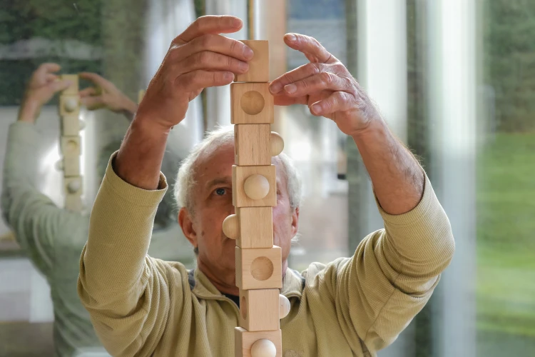 Zbliżenie na pojedynczy drewniany element z zestawu Balance Tower Senior Edition o wypukłym kształcie