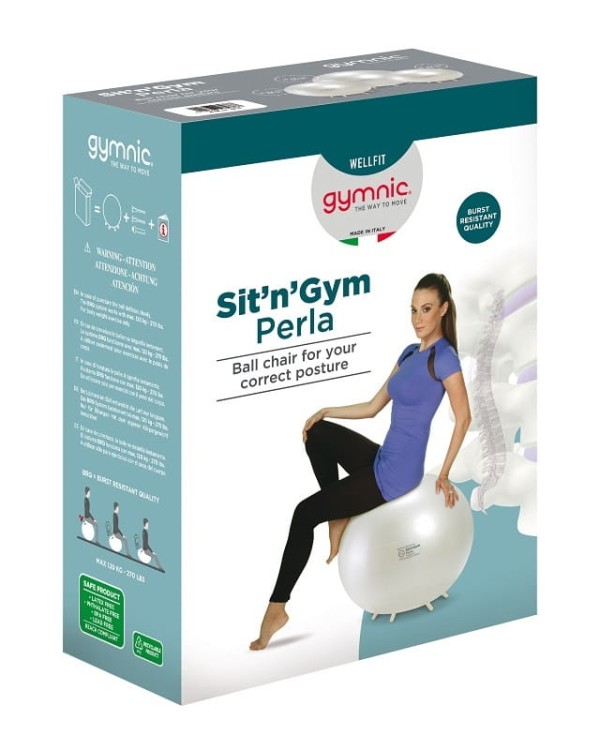 Kompozycja przedstawiająca piłkę Gymnic SitnGym Perla w neutralnym otoczeniu, podkreślająca jej zastosowanie do aktywnego siedzenia i ćwiczeń