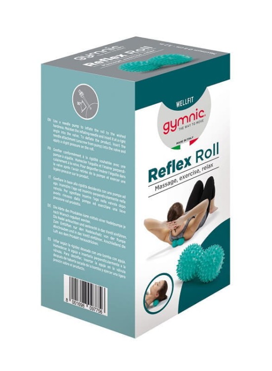 Fotografia prezentująca piłkę Reflex Roll w różnych kątach, ułatwiająca ocenę ergonomii i funkcji terapeutycznych