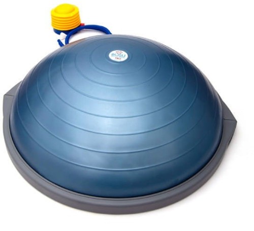 BOSU Balance Professional — widok z boku: gumowa kopuła i płaska platforma, użycie w ćwiczeniach równoważnych