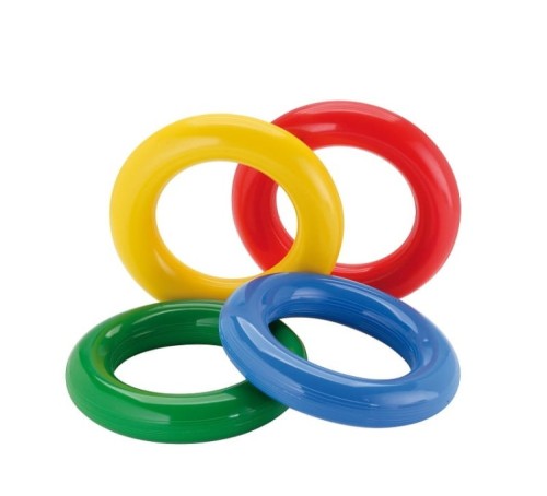 Komplet czterech gładkich ringów Gymnic ustawionych obok siebie; każdy ring ma średnicę Ø 18 cm i wyraźne, kontrastowe kolory.