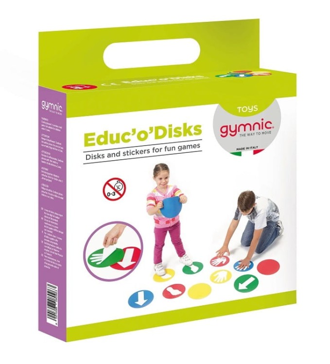 Zestaw edukacyjny Gymnic Educo Disks pokazany z opakowaniem i naklejkami, przeznaczony do ćwiczeń orientacji przestrzennej i koordynacji