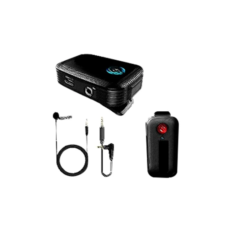 Widok mikroportu z akcesoriami: odbiornik 3,5 mm, Lightning i USB‑C; nadajniki zasilane akumulatorami litowymi, zasięg do 50 metrów