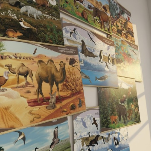 Zbliżenie fragmentu planszy z serii Krajobrazy Świata pokazujące szczegóły roślinności i ukształtowania terenu, format 130 × 90 cm