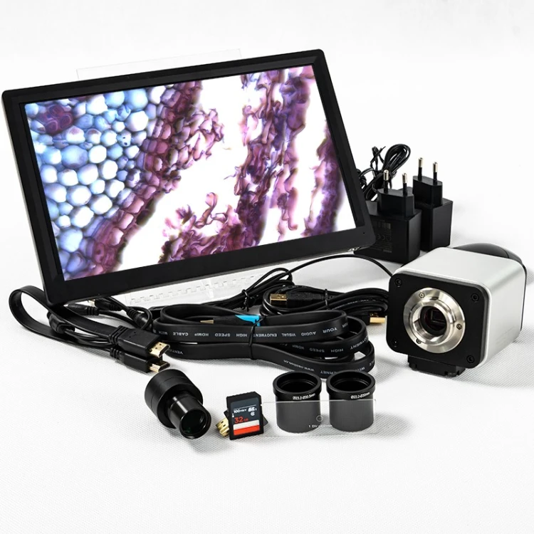 Kamera UHD-4K Lite widoczna z przodu wraz z dołączonym ekranem 11.6 cala i przewodem HDMI, ujęcie robocze ukazujące interfejsy