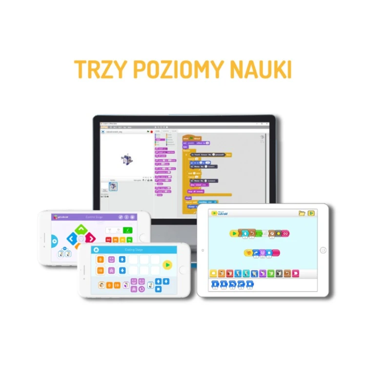 Elementy konstrukcyjne Cubroid: kostki Cube, łączniki i piramidy ułożone w przykładową konstrukcję pojazdu