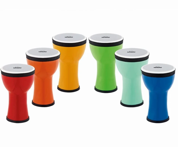 Syntetyczne bębny djembe NINO o średnicy powierzchni gry 15 cm z zestawu 6 sztuk dla dzieci