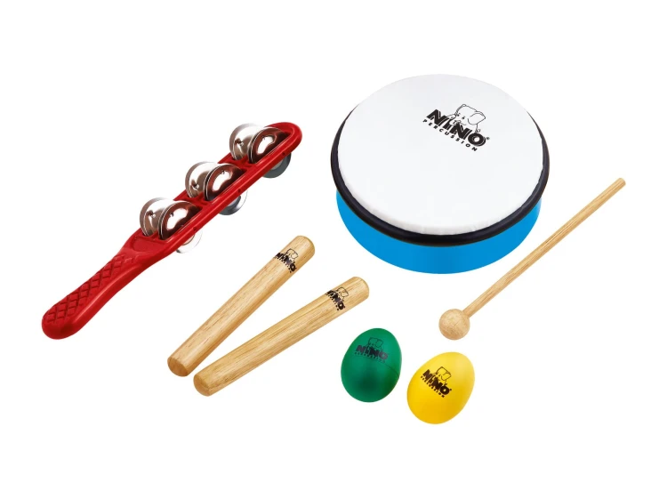 Zestaw instrumentów muzycznych NINOSET3 umieszczony w torbie nylonowej o wzorze Harlekin, gotowy do zabawy i edukacji muzycznej