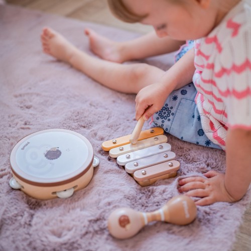 Drewniane instrumenty muzyczne VIGA PolarB z ptaszkiem widok z boku, idealne dla dzieci od 12 miesięcy