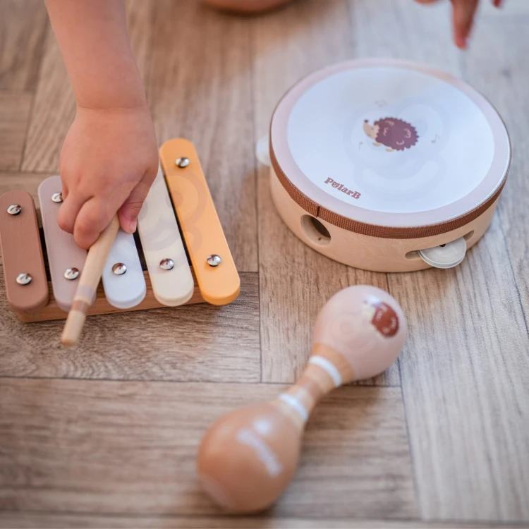 Zbliżenie na drewniany ptaszek z zestawu instrumentów muzycznych VIGA PolarB dla najmłodszych