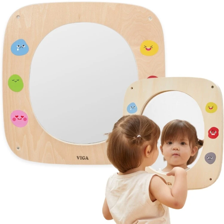 Drewniana tablica edukacyjna VIGA z bezpiecznym lustrem i 6 kolorowymi emotkami do nauki emocji u dzieci