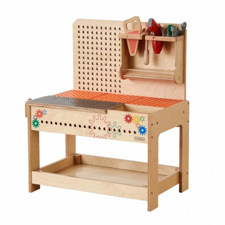 MASTERKIDZ Drewniany warsztat Montessori STEM 55 — widok z przodu z kolorowymi panelami i narzędziami