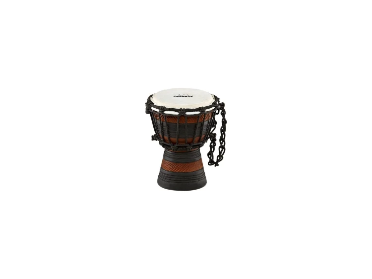 Mini bęben djembe dla dzieci z ręcznie rzeźbionym mahoniowym korpusem w stylu afrykańskim, widok z przodu