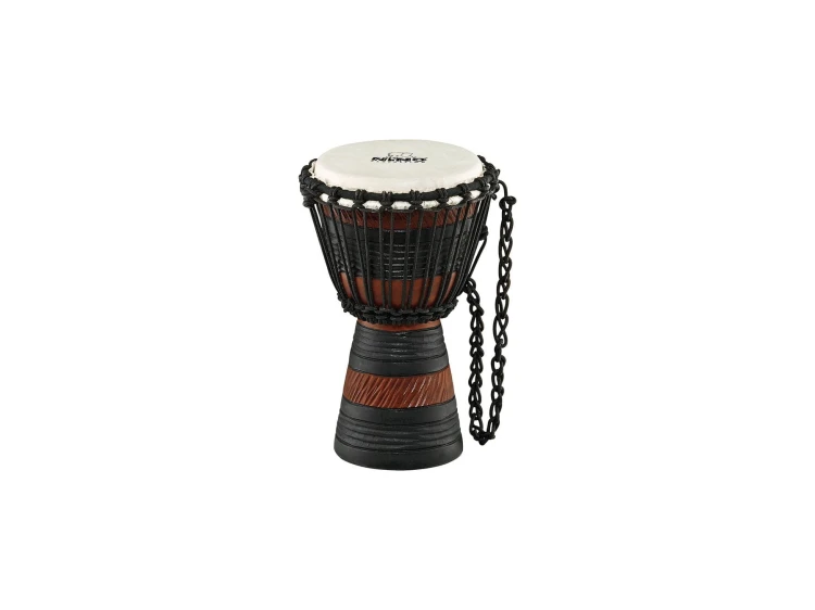 Widok bębna djembe 7 cali wykonanego z litego drewna mahoniowego z ręcznie rzeźbionym korpusem