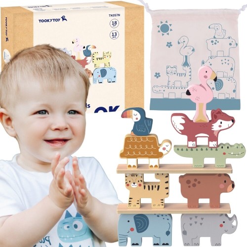 Drewniane klocki Stacker z 13 elementami TOOKY TOY — wieża z kolorowymi zwierzątkami do układania