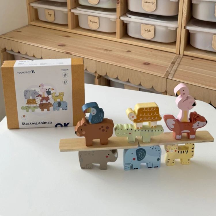 Zestaw drewnianych klocków TOOKY TOY z instrukcją — ujęcie pokazuje książeczkę i elementy do układania