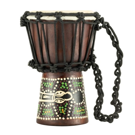 Widok z boku mini bębna djembe z mahoniowego drewna z ręcznie malowanym korpusem